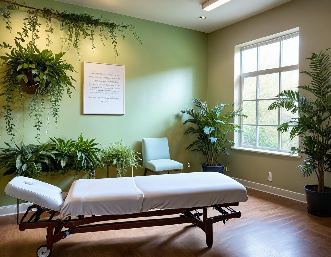 A serene therapy room with natural light streaming in, showcasing a compassionate therapist guiding a patient through Bobath exercises, emphasizing gentle movements and client connection. The background features motivational quotes on the walls and vibrant plants, symbolizing growth and healing. The patients' joyful expressions reflect transformation and hope. surrealism. soft pastels. warm lighting.